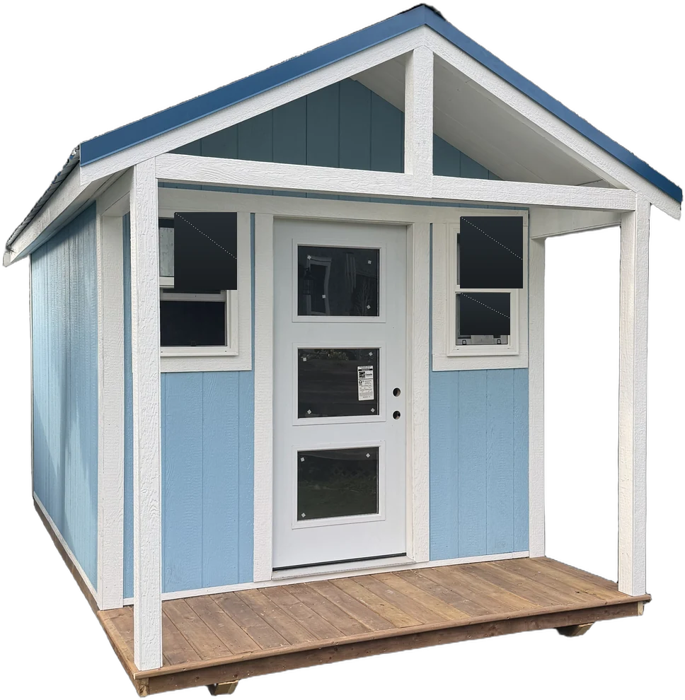 A finished blue cabin with white trim, a covered porch and a glass door